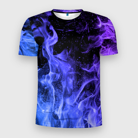 Мужская футболка 3D Slim с принтом Фиолетовый огонь в Екатеринбурге, 100% полиэстер с улучшенными характеристиками | приталенный силуэт, круглая горловина, широкие плечи, сужается к линии бедра | абстракция | горит | неон | неоновый | огонь | пламя | пожар | текстура | яркий