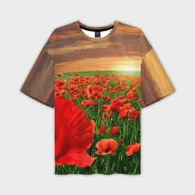 Мужская футболка oversize 3D с принтом Красный мак на закате ,  |  | закат | лето | мак | небо | поле | природа | солнце | текстуры | тренды | цветы