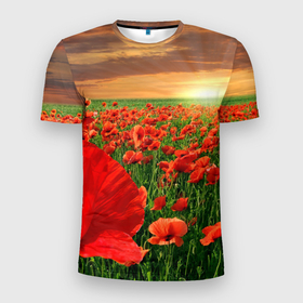 Мужская футболка 3D Slim с принтом Красный мак на закате в Новосибирске, 100% полиэстер с улучшенными характеристиками | приталенный силуэт, круглая горловина, широкие плечи, сужается к линии бедра | Тематика изображения на принте: закат | лето | мак | небо | поле | природа | солнце | текстуры | тренды | цветы
