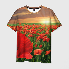 Мужская футболка 3D с принтом Красный мак на закате в Санкт-Петербурге, 100% полиэфир | прямой крой, круглый вырез горловины, длина до линии бедер | закат | лето | мак | небо | поле | природа | солнце | текстуры | тренды | цветы