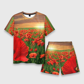 Мужской костюм с шортами 3D с принтом Красный мак на закате в Екатеринбурге,  |  | закат | лето | мак | небо | поле | природа | солнце | текстуры | тренды | цветы