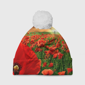 Шапка 3D c помпоном с принтом Красный мак на закате в Екатеринбурге, 100% полиэстер | универсальный размер, печать по всей поверхности изделия | закат | лето | мак | небо | поле | природа | солнце | текстуры | тренды | цветы