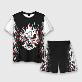 Мужской костюм с шортами 3D с принтом Cyberpunk 2077 samurai glitch ,  |  | Тематика изображения на принте: cd project red | cyberpunk 2077 | demon | keanu reeves | samurai | smile | демон | киану ривз | киберпанк 2077 | самураи | смайл