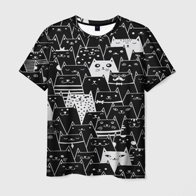 Мужская футболка 3D с принтом Коты black в Петрозаводске, 100% полиэфир | прямой крой, круглый вырез горловины, длина до линии бедер | cat | взгляд | кот | кот хипстер | котёнок | котятки | котятушки | кошечки | кошка | мордочка