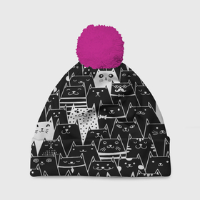 Шапка 3D c помпоном с принтом Коты black в Тюмени, 100% полиэстер | универсальный размер, печать по всей поверхности изделия | cat | взгляд | кот | кот хипстер | котёнок | котятки | котятушки | кошечки | кошка | мордочка