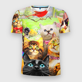 Мужская футболка 3D Slim с принтом Коты в Новосибирске, 100% полиэстер с улучшенными характеристиками | приталенный силуэт, круглая горловина, широкие плечи, сужается к линии бедра | cat | взгляд | кот | кот хипстер | котёнок | котятки | котятушки | кошечки | кошка | мордочка