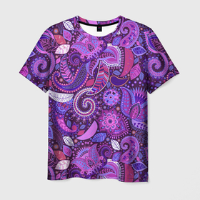 Мужская футболка 3D с принтом Фиолетовый этнический дудлинг в Белгороде, 100% полиэфир | прямой крой, круглый вырез горловины, длина до линии бедер | геометрия | дудлинг | дудлы | линии | рисунок | точки | узоры | фигуры | фиолетовый | цветы | этнический