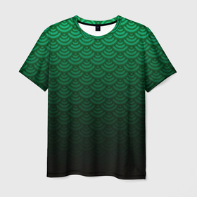 Мужская футболка 3D с принтом Узор зеленая чешуя дракон , 100% полиэфир | прямой крой, круглый вырез горловины, длина до линии бедер | геометрия | градиент | дракон | змей | круги | переход цвета | синий | текстура | темный | узор | чешуя | ящерица