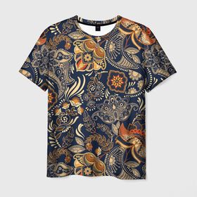 Мужская футболка 3D с принтом Узор орнамент цветы этно в Белгороде, 100% полиэфир | прямой крой, круглый вырез горловины, длина до линии бедер | ботаника | винтаж | золото | лето | национальный стиль | природа | ретро | традиционный | узор | хиппи | цветы | черный фон | этно