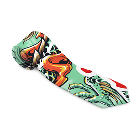 Галстук 3D с принтом Изумрудный дракон в Новосибирске, 100% полиэстер | Длина 148 см; Плотность 150-180 г/м2 | бирюзовая | драконы | змея | знак | иероглиф | китайский | когти | миф | огонь | пламя | разноцветная | рога | тату | татуировка | чешуя | яркая