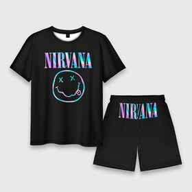 Мужской костюм с шортами 3D с принтом Nirvana(Спина) в Новосибирске,  |  | nirvana | гитара | голограмма | кобейн | курт | курт кобейн | музыка | неон | нирвана | рок | смайл