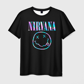 Мужская футболка 3D с принтом Nirvana(Спина) в Петрозаводске, 100% полиэфир | прямой крой, круглый вырез горловины, длина до линии бедер | nirvana | гитара | голограмма | кобейн | курт | курт кобейн | музыка | неон | нирвана | рок | смайл