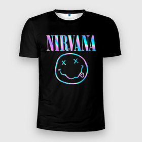 Мужская футболка 3D Slim с принтом Nirvana(Спина) в Санкт-Петербурге, 100% полиэстер с улучшенными характеристиками | приталенный силуэт, круглая горловина, широкие плечи, сужается к линии бедра | nirvana | гитара | голограмма | кобейн | курт | курт кобейн | музыка | неон | нирвана | рок | смайл