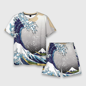 Мужской костюм с шортами 3D с принтом The great wave off kanagawa в Белгороде,  |  | the great wave off kanagawa | большая волна | большая волна в канагаве | волна | гора | исккуство | канагава | картина | кацусика хокусай | молочный | серый | япония