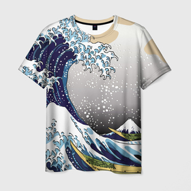 Мужская футболка 3D с принтом The great wave off kanagawa в Петрозаводске, 100% полиэфир | прямой крой, круглый вырез горловины, длина до линии бедер | the great wave off kanagawa | большая волна | большая волна в канагаве | волна | гора | исккуство | канагава | картина | кацусика хокусай | молочный | серый | япония