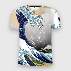 Мужская футболка 3D Slim с принтом The great wave off kanagawa в Екатеринбурге, 100% полиэстер с улучшенными характеристиками | приталенный силуэт, круглая горловина, широкие плечи, сужается к линии бедра | the great wave off kanagawa | большая волна | большая волна в канагаве | волна | гора | исккуство | канагава | картина | кацусика хокусай | молочный | серый | япония