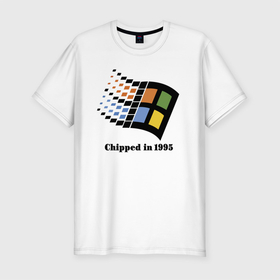 Мужская футболка премиум с принтом Chipped in 1995 в Тюмени, 92% хлопок, 8% лайкра | приталенный силуэт, круглый вырез ворота, длина до линии бедра, короткий рукав | Тематика изображения на принте: chip | humor | joke | rastr | title | windows | надпись | окна | растр | чип | шутка | юмор