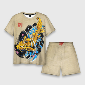 Мужской костюм с шортами 3D с принтом Золотая рыба кои ,  |  | волны | золотая | иероглиф | иллюстрация | китайская | кои | краски | море | разноцветная | рисунок | рыбка | рыбы | традиционная | узор | японская | яркая