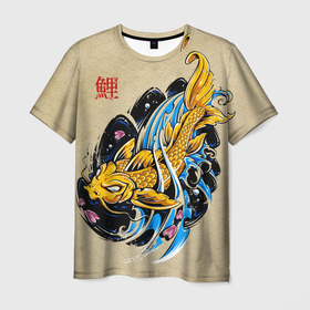 Мужская футболка 3D с принтом Золотая рыба кои в Курске, 100% полиэфир | прямой крой, круглый вырез горловины, длина до линии бедер | волны | золотая | иероглиф | иллюстрация | китайская | кои | краски | море | разноцветная | рисунок | рыбка | рыбы | традиционная | узор | японская | яркая