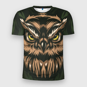 Мужская футболка 3D Slim с принтом Хищная сова в Новосибирске, 100% полиэстер с улучшенными характеристиками | приталенный силуэт, круглая горловина, широкие плечи, сужается к линии бедра | adventure | outdoor | глаза | злая | лес | плакат | приключения | природа | птица | сова | хищная