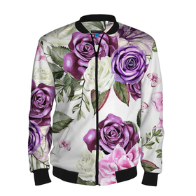 Мужской бомбер 3D с принтом Красивые розы в Тюмени, 100% полиэстер | застегивается на молнию, по бокам два кармана без застежек, по низу бомбера и на воротнике - эластичная резинка | Тематика изображения на принте: белые розы | белый | необычные | розовый | розы | синие розы | синий | фиолетовые розы | фиолетовый | цветы