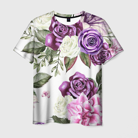 Мужская футболка 3D с принтом Красивые розы в Санкт-Петербурге, 100% полиэфир | прямой крой, круглый вырез горловины, длина до линии бедер | белые розы | белый | необычные | розовый | розы | синие розы | синий | фиолетовые розы | фиолетовый | цветы