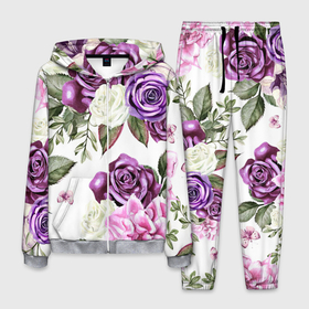 Мужской костюм 3D с принтом Красивые розы в Белгороде, 100% полиэстер | Манжеты и пояс оформлены тканевой резинкой, двухслойный капюшон со шнурком для регулировки, карманы спереди | Тематика изображения на принте: белые розы | белый | необычные | розовый | розы | синие розы | синий | фиолетовые розы | фиолетовый | цветы