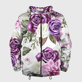 Мужская ветровка 3D с принтом Красивые розы в Белгороде, 100% полиэстер | подол и капюшон оформлены резинкой с фиксаторами, два кармана без застежек по бокам, один потайной карман на груди | белые розы | белый | необычные | розовый | розы | синие розы | синий | фиолетовые розы | фиолетовый | цветы