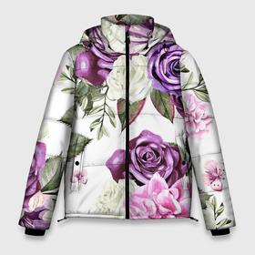 Мужская зимняя куртка 3D с принтом Красивые розы в Белгороде, верх — 100% полиэстер; подкладка — 100% полиэстер; утеплитель — 100% полиэстер | длина ниже бедра, свободный силуэт Оверсайз. Есть воротник-стойка, отстегивающийся капюшон и ветрозащитная планка. 

Боковые карманы с листочкой на кнопках и внутренний карман на молнии. | белые розы | белый | необычные | розовый | розы | синие розы | синий | фиолетовые розы | фиолетовый | цветы