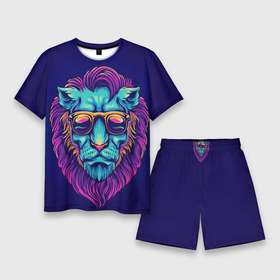 Мужской костюм с шортами 3D с принтом Неоновый лев в очках в Новосибирске,  |  | грива | животные | закат | зверей | кошка | лев | лето | львенок | неоновая | очки | пляж | прайд | разноцветная | солнце | тигр | царь
