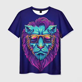 Мужская футболка 3D с принтом Неоновый лев в очках в Екатеринбурге, 100% полиэфир | прямой крой, круглый вырез горловины, длина до линии бедер | грива | животные | закат | зверей | кошка | лев | лето | львенок | неоновая | очки | пляж | прайд | разноцветная | солнце | тигр | царь