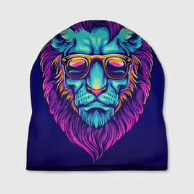 Шапка 3D с принтом Неоновый лев в очках , 100% полиэстер | универсальный размер, печать по всей поверхности изделия | грива | животные | закат | зверей | кошка | лев | лето | львенок | неоновая | очки | пляж | прайд | разноцветная | солнце | тигр | царь