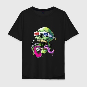 Мужская футболка хлопок Oversize с принтом Cool skull в Новосибирске, 100% хлопок | свободный крой, круглый ворот, “спинка” длиннее передней части | bones | grin | jaw | juice | skull | teeth | tongue | зубы | кости | оскал | очки | пасть | сок | череп | язык