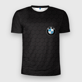 Мужская футболка 3D Slim с принтом BMW в Петрозаводске, 100% полиэстер с улучшенными характеристиками | приталенный силуэт, круглая горловина, широкие плечи, сужается к линии бедра | bmw | авто | автомобиль | бмв | логотип | марка | машина | надпись | текстура