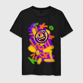 Мужская футболка хлопок с принтом Граффити смайлик в Тюмени, 100% хлопок | прямой крой, круглый вырез горловины, длина до линии бедер, слегка спущенное плечо. | emoji | граффити | краска | разноцветная | смайл | смайлик | улыбка | урбан | эмоции | яркая
