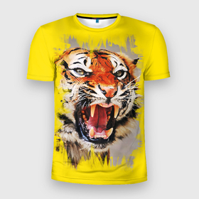 Мужская футболка 3D Slim с принтом Оскал тигра в Екатеринбурге, 100% полиэстер с улучшенными характеристиками | приталенный силуэт, круглая горловина, широкие плечи, сужается к линии бедра | барс | волк | детёныш | джунгли | енот | животное | зубр | кот | лев | леопард | львица | медведь | охотник | пасть | полосы | пятнистая | рык | рычание | тигр | тигрица | хозяин | царьзверей | шерсть