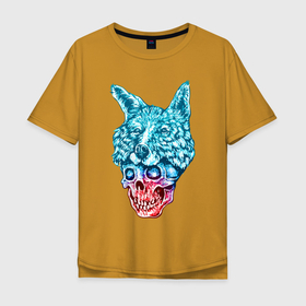 Мужская футболка хлопок Oversize с принтом Mister wolf в Новосибирске, 100% хлопок | свободный крой, круглый ворот, “спинка” длиннее передней части | ears | eyes | grin | jaw | nose | orbits | skin | skull | teeth | wolf | волк | глаза | глазницы | зубы | нос | пасть | уши | череп