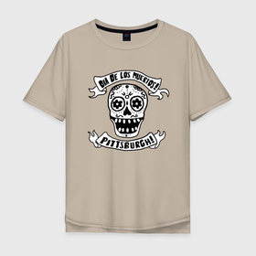 Мужская футболка хлопок Oversize с принтом Dia de los muertos в Кировске, 100% хлопок | свободный крой, круглый ворот, “спинка” длиннее передней части | eyes | flowers | jaw | orbits | pittsburgh | ribbon | skull | teeth | глазницы | лента | пасть | цветы | череп
