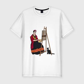 Мужская футболка хлопок Slim с принтом Фрида за мольбертом в Петрозаводске, 92% хлопок, 8% лайкра | приталенный силуэт, круглый вырез ворота, длина до линии бедра, короткий рукав | artist | frida kahlo | фрида | фрида кало | художница