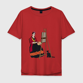 Мужская футболка хлопок Oversize с принтом Фрида за мольбертом в Екатеринбурге, 100% хлопок | свободный крой, круглый ворот, “спинка” длиннее передней части | artist | frida kahlo | фрида | фрида кало | художница