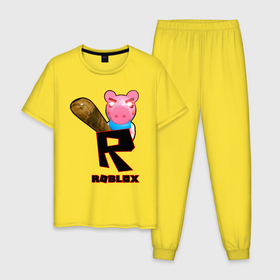 Мужская пижама хлопок с принтом ROBLOX: PIGGI. в Белгороде, 100% хлопок | брюки и футболка прямого кроя, без карманов, на брюках мягкая резинка на поясе и по низу штанин
 | game | gamer | logo | minecraft | piggi | roblox | simulator | игра | конструктор | лого | пигги | свинья | симулятор | строительство | фигура