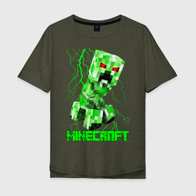 Мужская футболка хлопок Oversize с принтом MINECRAFT CREEPER в Петрозаводске, 100% хлопок | свободный крой, круглый ворот, “спинка” длиннее передней части | creeper | game | minecraft | блоки | игра | квадраты | компьютерная | крипер | криппер | майнкрафт | огонь