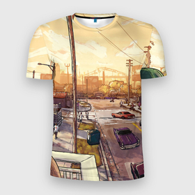 Мужская футболка 3D Slim с принтом GTA San Andreas в Екатеринбурге, 100% полиэстер с улучшенными характеристиками | приталенный силуэт, круглая горловина, широкие плечи, сужается к линии бедра | gta | gta sa | gta san andreas | арт gta | гта са | район sj | сан андреас