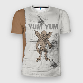Мужская футболка 3D Slim с принтом YUM YUM в Курске, 100% полиэстер с улучшенными характеристиками | приталенный силуэт, круглая горловина, широкие плечи, сужается к линии бедра | gizmo | gremlins | mogwai | vdzajul | гизмо | гремлины | магвай