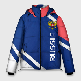 Мужская зимняя куртка 3D с принтом RUSSIA SPORT в Екатеринбурге, верх — 100% полиэстер; подкладка — 100% полиэстер; утеплитель — 100% полиэстер | длина ниже бедра, свободный силуэт Оверсайз. Есть воротник-стойка, отстегивающийся капюшон и ветрозащитная планка. 

Боковые карманы с листочкой на кнопках и внутренний карман на молнии. | Тематика изображения на принте: russia | russia sport | народный | народный стиль | отечество | патриот | роспись | россия | россия спорт | русский | спорт | триколор | узоры | флаг | я русский