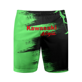 Мужские шорты спортивные с принтом Kawasaki в Кировске,  |  | kawasaki | moto | ninja | брызги | дорога | кавасаки | краска | мотоцикл | надпись | неон | ниндзя | паутина | скорость | текстура