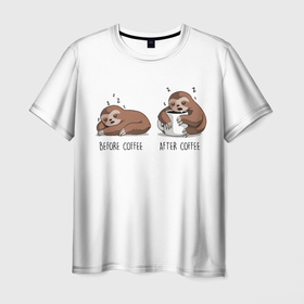 Мужская футболка 3D с принтом Ленивец Coffee в Белгороде, 100% полиэфир | прямой крой, круглый вырез горловины, длина до линии бедер | animal | coffee | need | sleep | животные | кавай | кити | котенок | котик | котики | кофе | кофеман | ленивец | лень | милый | панда | работа | спать