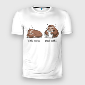 Мужская футболка 3D Slim с принтом Ленивец Coffee в Белгороде, 100% полиэстер с улучшенными характеристиками | приталенный силуэт, круглая горловина, широкие плечи, сужается к линии бедра | animal | coffee | need | sleep | животные | кавай | кити | котенок | котик | котики | кофе | кофеман | ленивец | лень | милый | панда | работа | спать