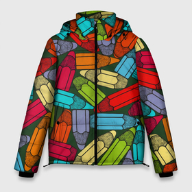 Мужская зимняя куртка 3D с принтом детские цветные карандаши арт в Екатеринбурге, верх — 100% полиэстер; подкладка — 100% полиэстер; утеплитель — 100% полиэстер | длина ниже бедра, свободный силуэт Оверсайз. Есть воротник-стойка, отстегивающийся капюшон и ветрозащитная планка. 

Боковые карманы с листочкой на кнопках и внутренний карман на молнии. | Тематика изображения на принте: арт | весело | детские | карандаши | необычно | просто | рисунок | цветные | ярко