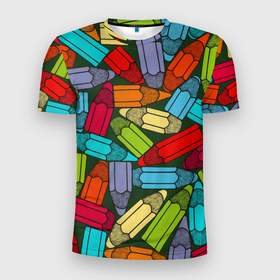 Мужская футболка 3D Slim с принтом детские цветные карандаши арт в Екатеринбурге, 100% полиэстер с улучшенными характеристиками | приталенный силуэт, круглая горловина, широкие плечи, сужается к линии бедра | арт | весело | детские | карандаши | необычно | просто | рисунок | цветные | ярко